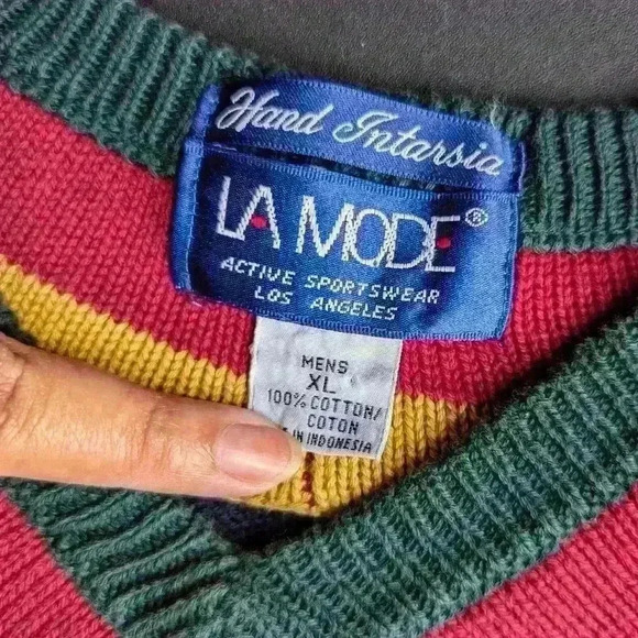 LA MODE Hand Intarsia Sweater Men's Extra Large Blue Argyle Cotton Vintage - Picture 3 of 10
